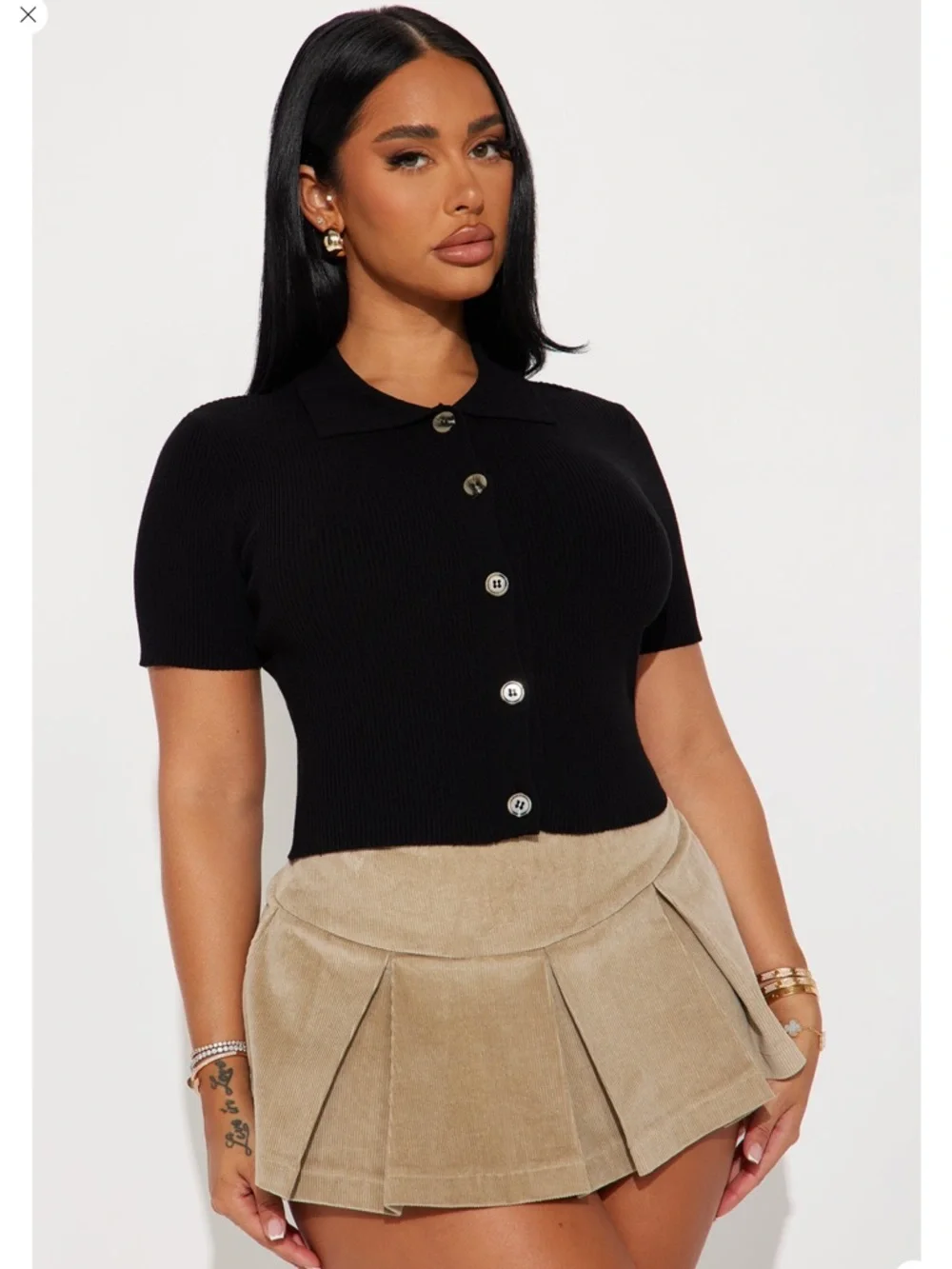 Black Ribbed Button-Front Polo Top - Picture 3 of 3
